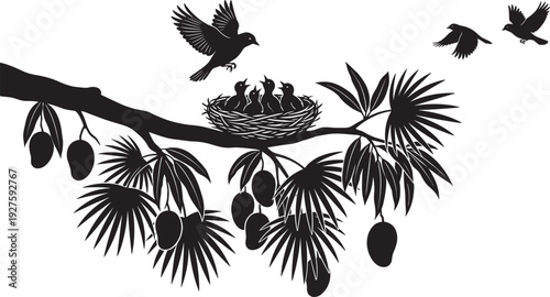 Mango tree branch silhouette with bird nest and flying birds, tropical nature vector illustration