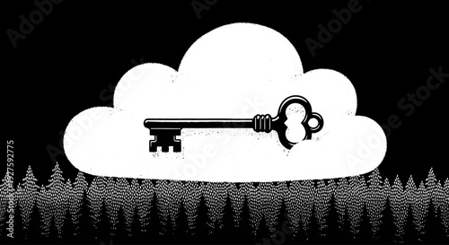 A vintage skeleton key rests on a white cloud above a dark, silhouetted forest in a monochrome graphic illustration.