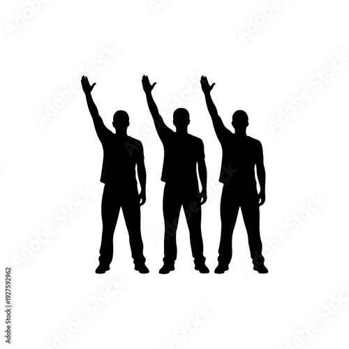 Silhouette of three men raising their hands in the air.