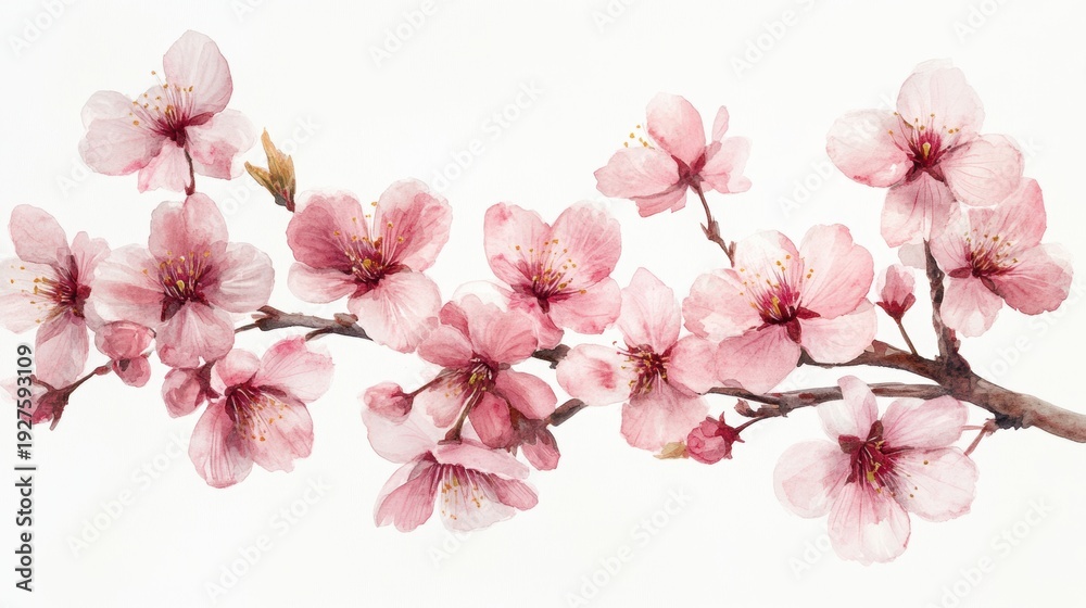 Naklejka premium Watercolor Cherry blossom blooming flower,Sakura tree or forest side view,Cherry tree spring flower background,elements for environment and garden,botanical in spring season.