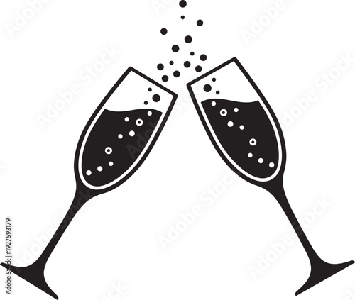A black and white image of two champagne glasses isolated on transparent background, Vector