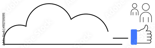Cloud computing. Cloud computing integration with social media, by user icons and a thumbs up symbol. Cloud computing enhances connectivity and digital collaboration. Perfect for technology