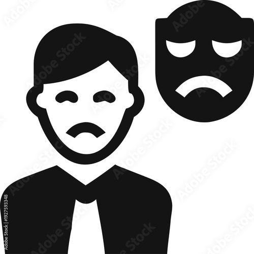 Depressed man in a suit contemplating a sad theater drama mask