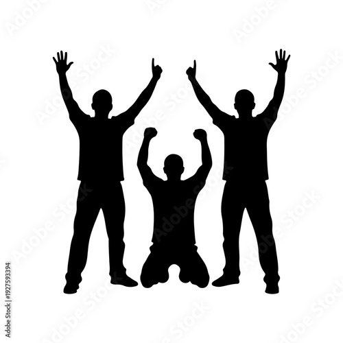 Silhouette of three men celebrating with raised arms.