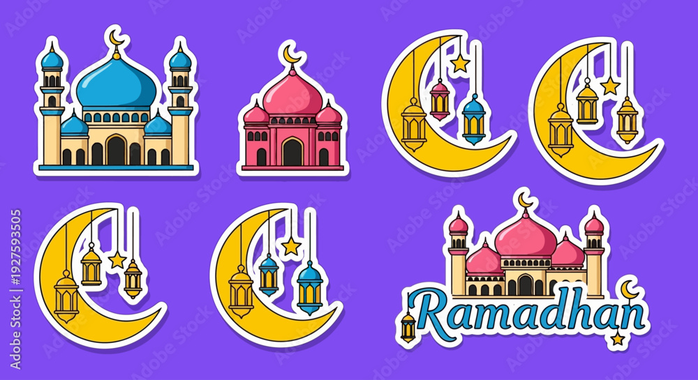 Naklejka premium Ramadan Kareem Sticker Collection: Vector Flat Illustration of Mosques, Crescent Moons, and Islamic Lanterns