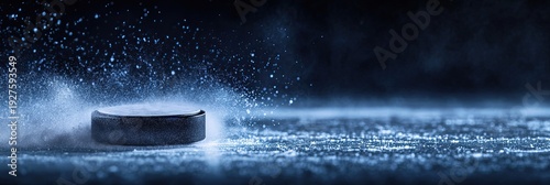 Panel kuchenny z motywem Intense close-up of a hockey puck in motion kicking up blue-tinted snow and ice shards with dark background and motion blur effect