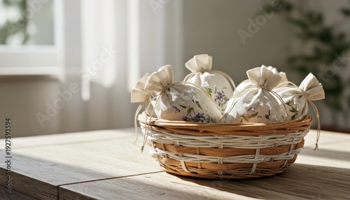 Wallpaper Mural Lavender Sachets in a Basket: A collection of delicately crafted lavender sachets rests gracefully within a charming wicker basket, evoking a sense of calm and fragrant comfort. Torontodigital.ca