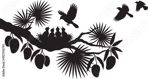 Tropical tree branch silhouette with mango fruits and bird nest, flying birds nature vector illustration