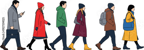 Diverse group of people walking in winter coats jackets hats scarves boots carrying bags phone vector illustration urban commuters fashion
