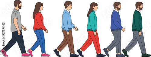 Diverse group of people walking in side view casual sweaters shirts pants colorful outfits confident stride vector illustration modern lifestyle