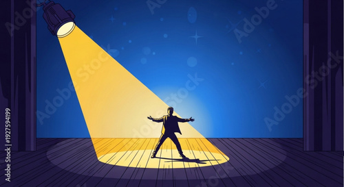 Man in spotlight on stage with arms outstretched in dramatic pose under bright yellow light