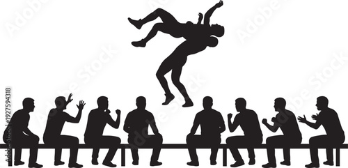 Wrestling match silhouette scene, athletes performing throw move with cheering crowd black vector illustration