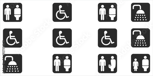 Collection of restroom and accessibility icons on white background toilet gender neutral