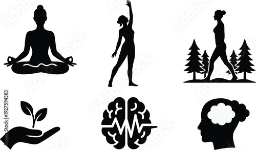 Black silhouettes of people meditating exercising and nature wellness meditation