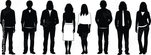 Diverse group of professional business people silhouettes, men and women in suits blazers shirts skirts, black vector fashion figures lineup