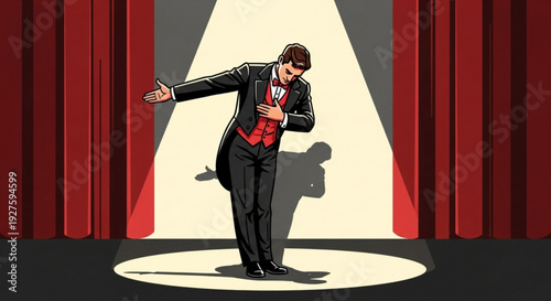 Man in suit adjusting tie on stage with spotlight and red curtains performing confidently with shadow
