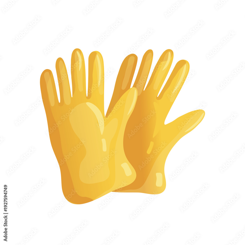 Obraz premium Pair of yellow rubber gloves for cleaning and gardening. Protective latex gloves isolated on white background, professional household and garden equipment.