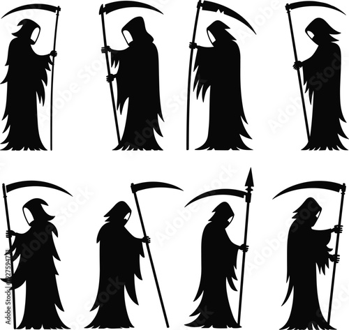 Collection of eight black silhouette grim reapers with scythes death skeleton