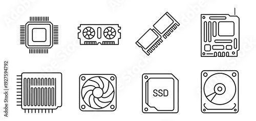 pc hardware outline icon pack, processor motherboard memory ram graphics card hard drive and power supply line vector symbols.