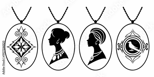 Photos Four distinct necklaces each with unique pendants showcasing various designs and symbols