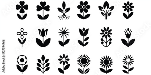 Collection of Stylized Black Flower and Leaf Icons with Roots symbol silhouette