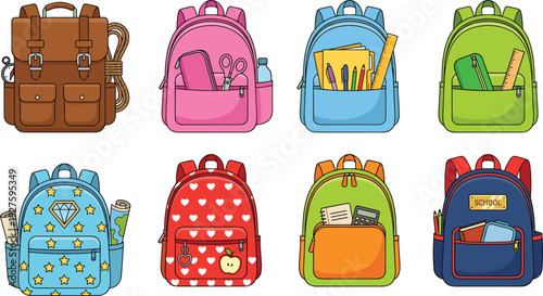 Set of colorful school backpacks with supplies isolated on white background, cute student bags collection, education accessories illustration for children, back to school concept design.