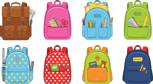 Colorful school backpacks collection set isolated on white background, cute student bags with supplies, education concept, kids accessories illustration for back to school design.
