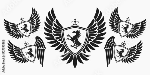 Foto A majestic collection of stylized eagles and a shield emblem in a symmetrical arrangement