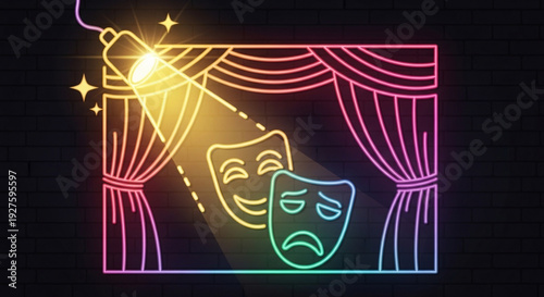 Theatrical masks in spotlight on stage with curtains drama and comedy symbols in neon colors