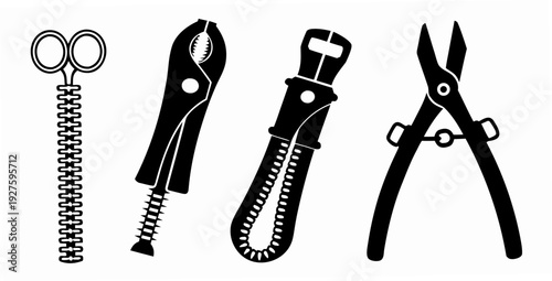 A collection of various types of scissors and cutting tools displayed in a row Vector