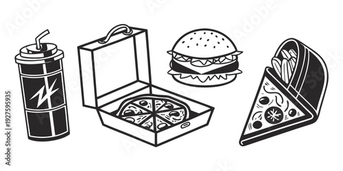 Assorted fast food items including a burger, pizza, soda, and a box of fries. Vector