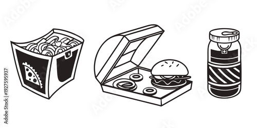 Assorted fast food items including a burger, fries, and a drink. Vector