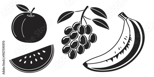 A delightful assortment of fresh fruits including grapes, apple, banana, and melon Vector