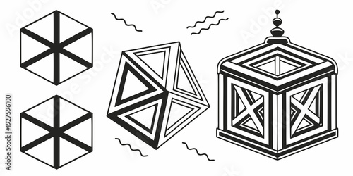 A sequence of geometric transformations showing the evolution of a cube through various stages Vector