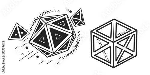 A collection of geometric shapes including cubes and pyramids in a black and white sketch Vector