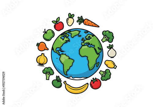 Globe Surrounded by Fruits and Vegetables Organic Sustainability Concept