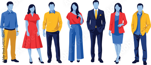 Diverse group of stylish people in colorful modern outfits dresses shirts blazers trousers jackets vector illustration isolated on white background.