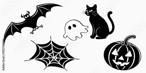 Spooky halloween decorations featuring bats, a ghost, a black cat, a spider web, and a jack-o'-lantern Vector