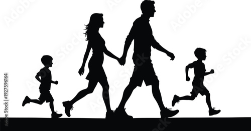 Silhouette of family walking and running together parents