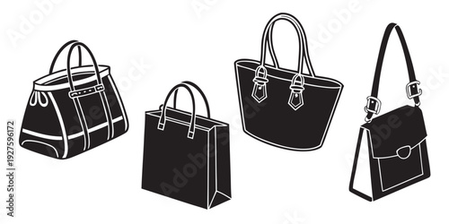 Four distinct handbags showcasing various styles and designs Vector