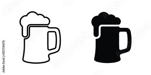 Beer Mug Icon with Foam in Outline and Solid Style