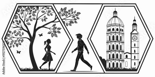 A family of three walking towards a cityscape with a tree and buildings. Vector