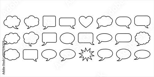 Assortment of black and white outline speech bubbles and thought bubbles in different shapes chat bubble