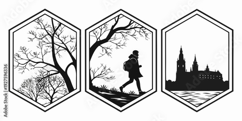 A serene journey through nature, from tranquil trees to adventurous hikes and historic castles Vector