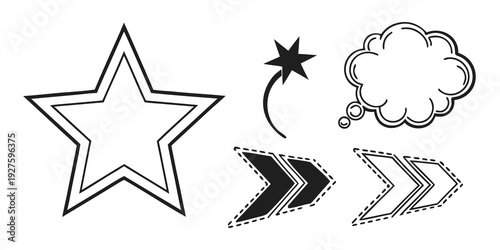 A whimsical illustration featuring a star, a thought bubble, and a speech bubble. Vector