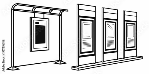 A display stand with various posters and a sign holder on top Vector