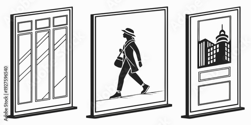 A person walking past three windows with different views of the same scene. Vector