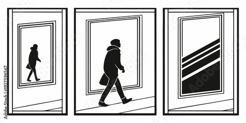 A series of three images depicting a person walking through a doorway into a different scene. Vector