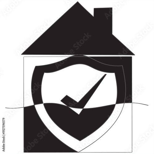 continuous line drawing house with shield protection icon