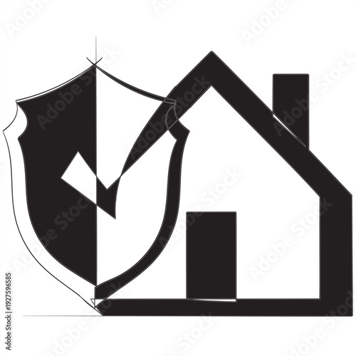 continuous line drawing house with shield protection icon